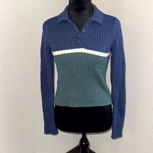 American Eagle Outfitters Rugby Crop Sweater Womens S Blue Green Cotton Stretch